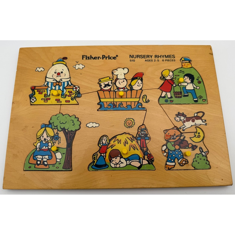 Vintage Fisher Price Nursery Rhymes Wooden Peg Puzzle 510 6 Pieces 1970s Toy
